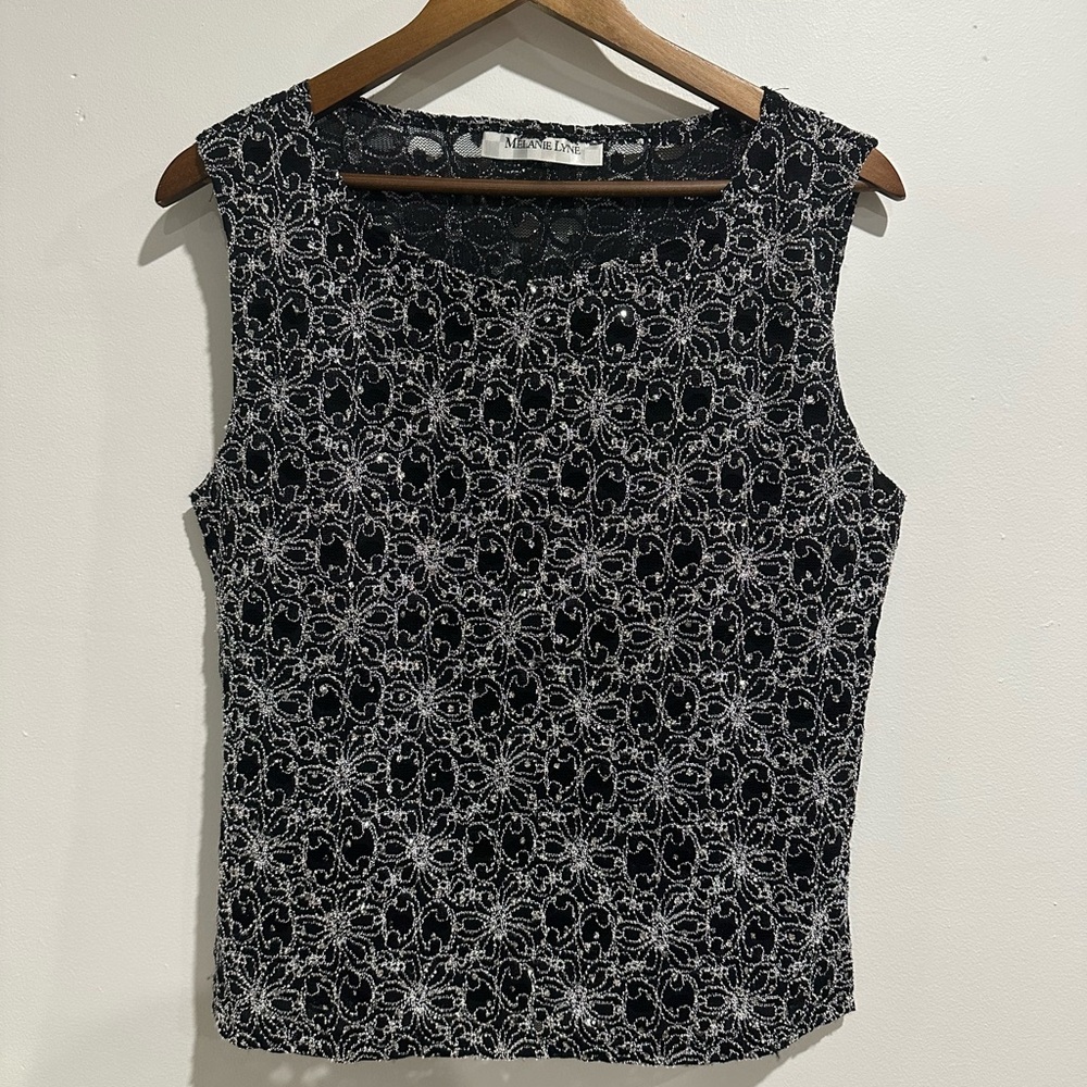 MELANIE LYNE Embroidered Sequins Black Sleeveless Party Holiday Top Size M
